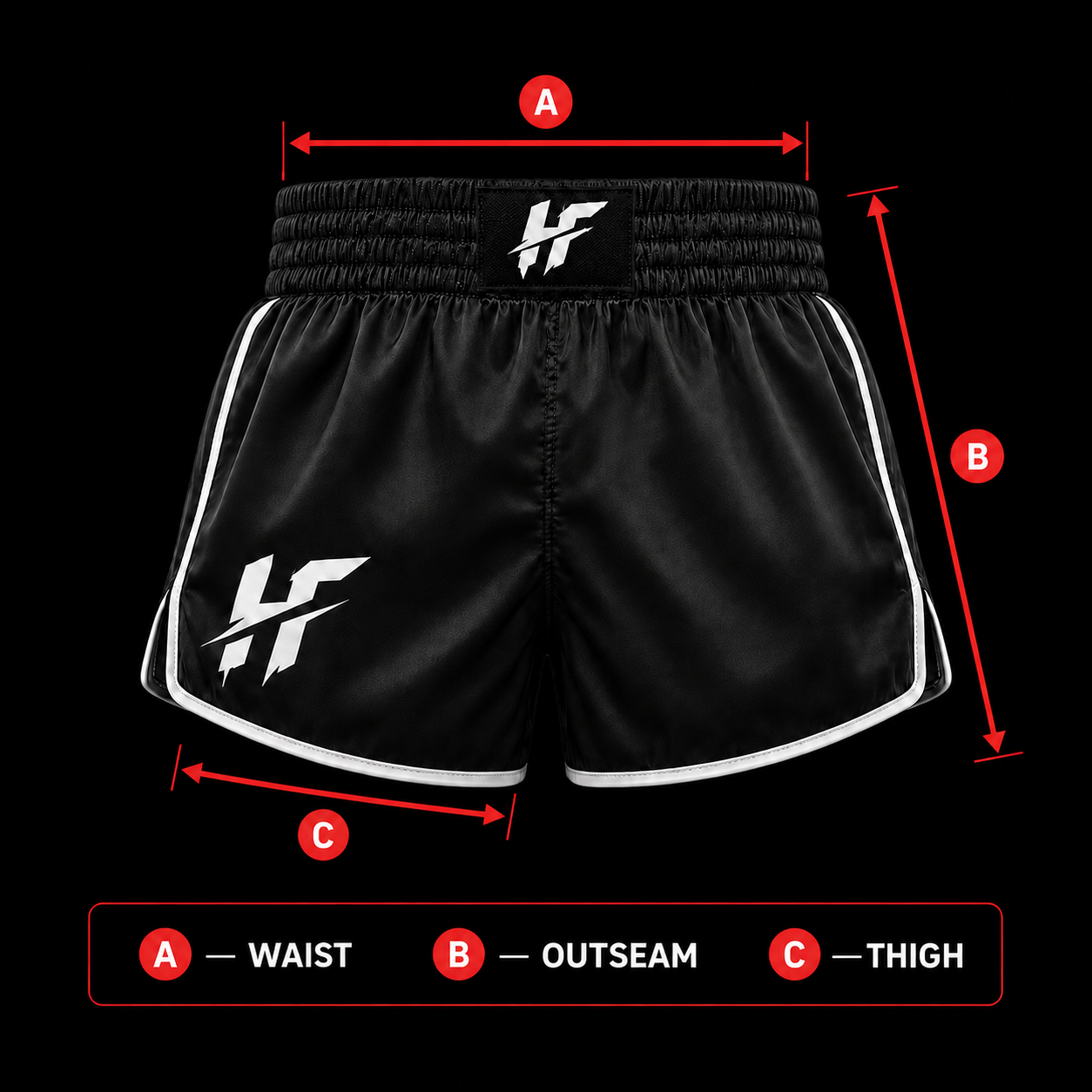 Hidden Fightwear Muay Thai shorts size guide showing waist A, outseam B, and thigh C measurements